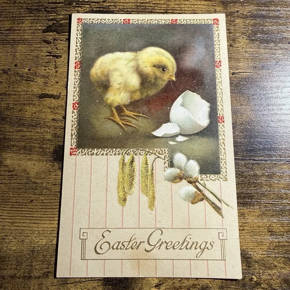 VINTAGE Easter Greetings Postcard Chick Hatching Egg Embossed Germany Ephemera